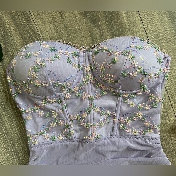 SHEIN Strapless Sweetheart Corset Floral Ruched Mini Dress in Purple. Size XS - Picture 6 of 16